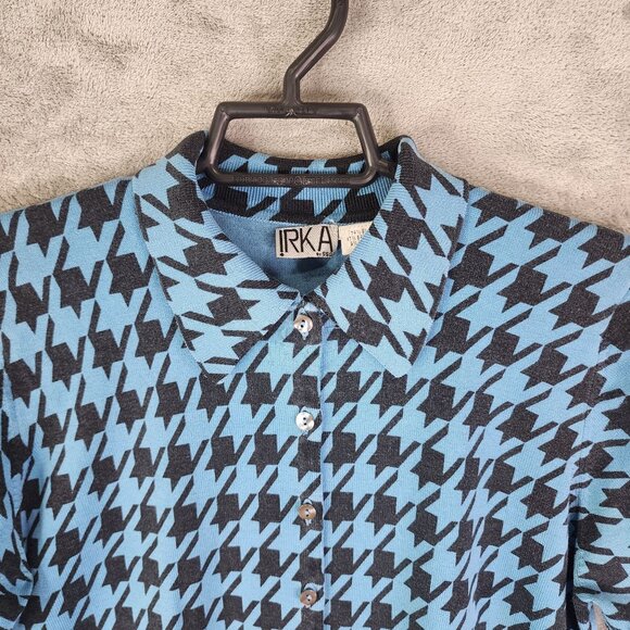 Women's Irka Blue & Black Houndstooth Silk Blend Shirt Button-Up Long Sleeve XL - Picture 5 of 10